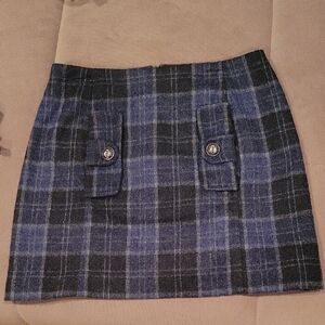 Blue Plaid Mini Skirt with Front Flap Pockets